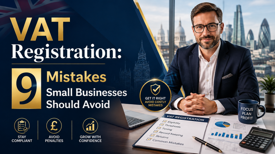 VAT Registration guide showing 9 costly mistakes UK small businesses should avoid, with a business owner reviewing VAT compliance and financial records.