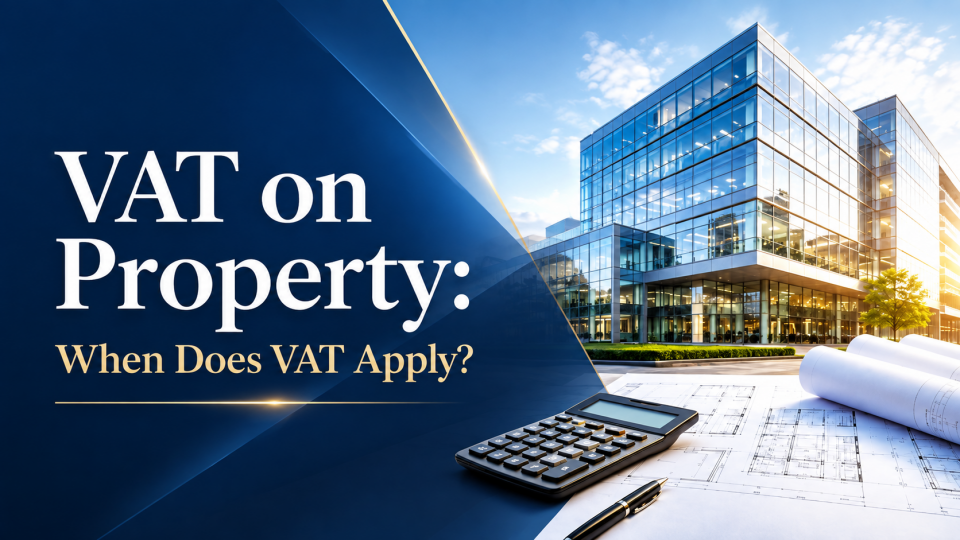 Premium VAT on Property blog thumbnail featuring a modern commercial property, architectural plans and calculator, illustrating when VAT applies to UK residential and commercial property transactions