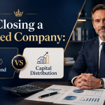 Premium UK tax graphic showing Closing a Limited Company with dividend versus capital distribution options