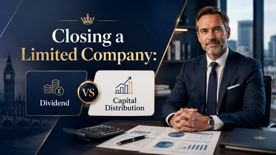 Premium UK tax graphic showing Closing a Limited Company with dividend versus capital distribution options