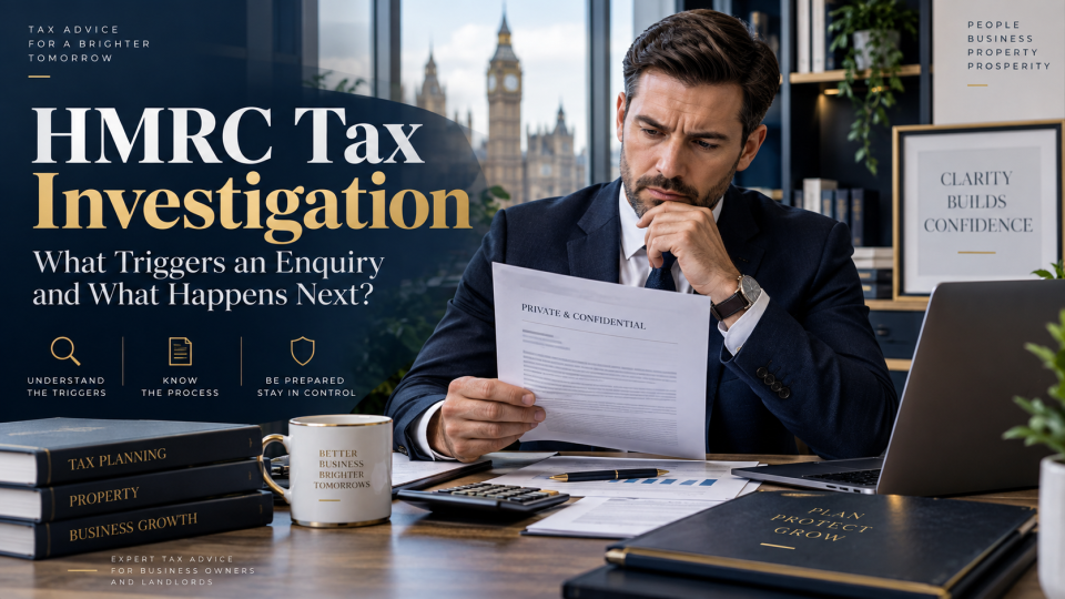 HMRC Tax Investigation – business owner reviewing an HMRC enquiry letter with tax documents and financial records
