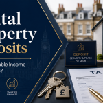 Premium featured image for Rental Property Deposits showing a UK rental home, house keys, tax documents and calculator, representing whether tenancy deposits are taxable income for landlords.