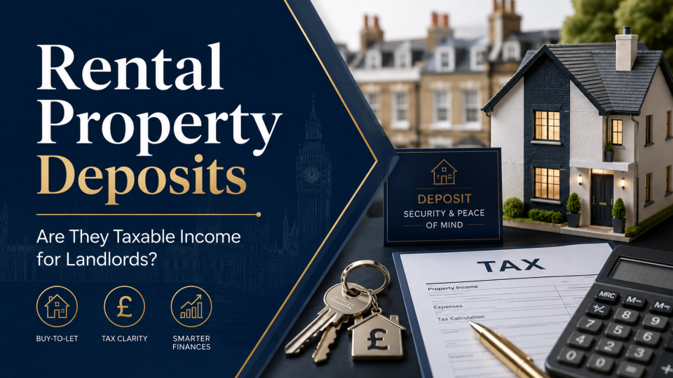 Premium featured image for Rental Property Deposits showing a UK rental home, house keys, tax documents and calculator, representing whether tenancy deposits are taxable income for landlords.