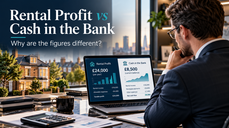 Rental profit versus cash in the bank explained for UK landlords, showing rental income, allowable expenses, mortgage payments and the difference between taxable profit and available cash.