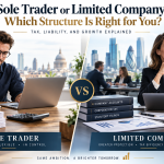 Sole Trader or Limited Company comparison showing UK business owners choosing between sole trader simplicity and limited company tax, protection and growth.