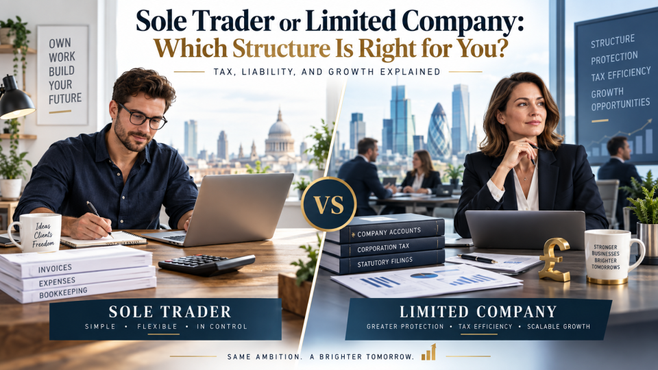 Sole Trader or Limited Company comparison showing UK business owners choosing between sole trader simplicity and limited company tax, protection and growth.