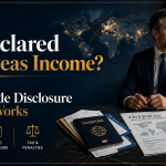 Premium featured image illustrating Undeclared Overseas Income and the Worldwide Disclosure Facility with a global map, UK setting, passport and overseas financial documents.
