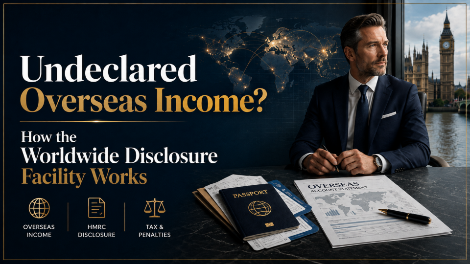 Premium featured image illustrating Undeclared Overseas Income and the Worldwide Disclosure Facility with a global map, UK setting, passport and overseas financial documents.