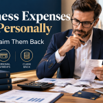 Business Expenses Paid Personally – UK business owner reviewing receipts, invoices and personal payments to claim back eligible business expenses.