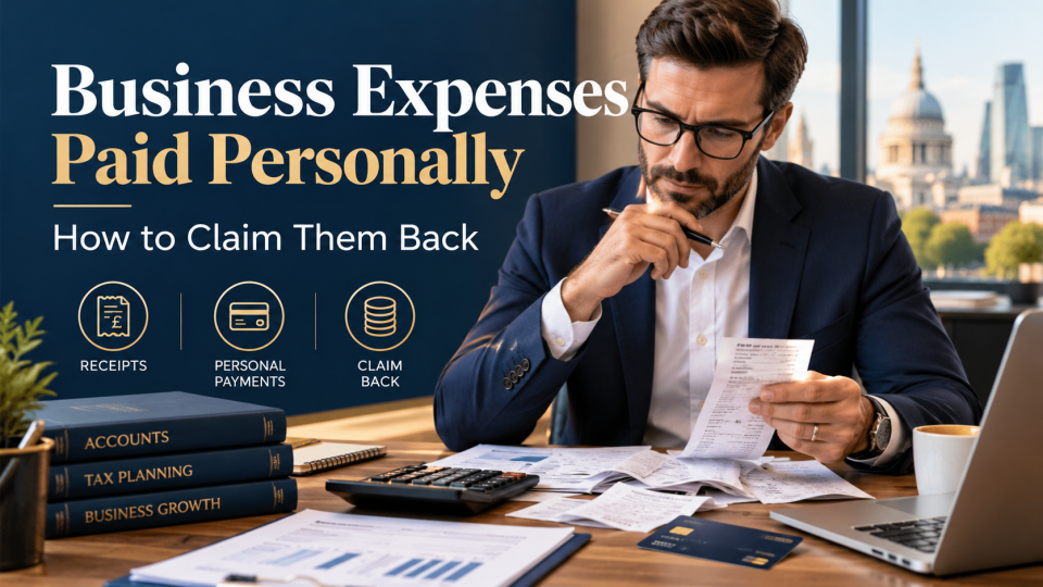Business Expenses Paid Personally – UK business owner reviewing receipts, invoices and personal payments to claim back eligible business expenses.