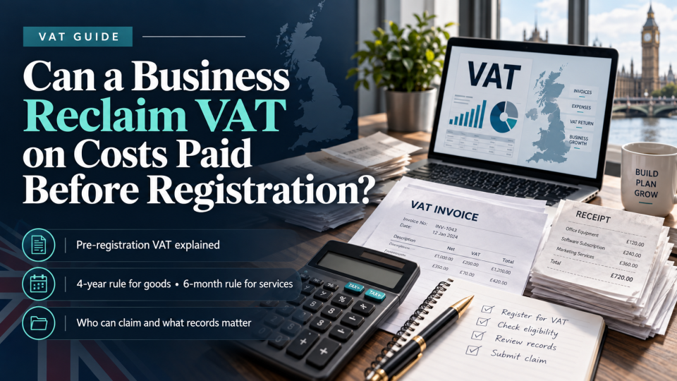 VAT on costs paid before registration – UK business VAT reclaim guide covering the 4-year goods rule, 6-month services rule and pre-registration expenses.