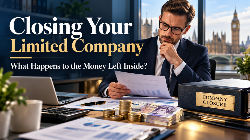 Closing Your Limited Company – What happens to the money left inside? UK business owner reviewing company closure documents, retained profits and tax implications.