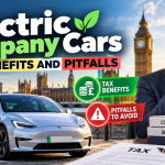 Electric company cars tax benefits and pitfalls in the UK, featuring an electric vehicle, charging station, Corporation Tax, VAT and Benefit in Kind considerations.