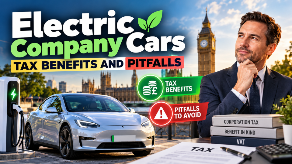 Electric company cars tax benefits and pitfalls in the UK, featuring an electric vehicle, charging station, Corporation Tax, VAT and Benefit in Kind considerations.