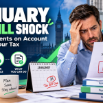 January tax bill shock caused by HMRC payments on account, showing a business owner reviewing an unexpected Self Assessment tax bill.