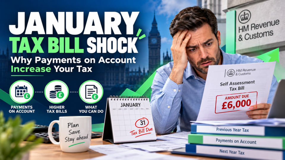 January tax bill shock caused by HMRC payments on account, showing a business owner reviewing an unexpected Self Assessment tax bill.