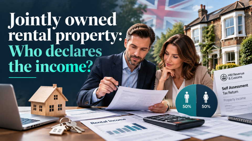 Jointly owned rental property tax guide showing UK landlords, rental income, HMRC Self Assessment and the 50/50 income split rule.