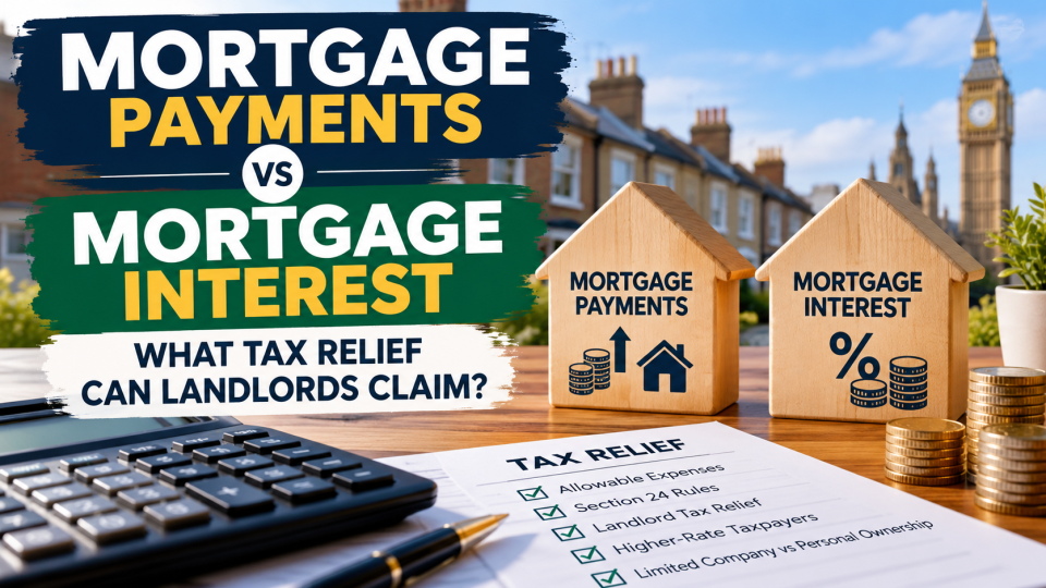 Mortgage payments vs mortgage interest explained for UK landlords, highlighting Section 24 rules, allowable expenses and mortgage tax relief.