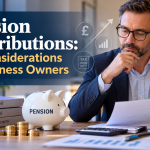 Pension contributions tax considerations for UK business owners, showing a businessman reviewing pension savings, tax planning and retirement finances.