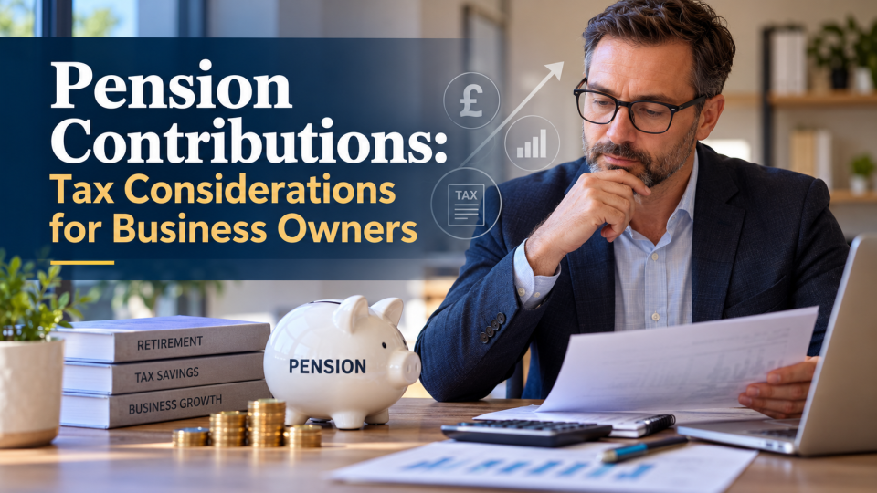 Pension contributions tax considerations for UK business owners, showing a businessman reviewing pension savings, tax planning and retirement finances.