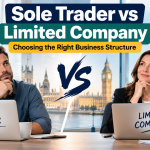 Sole Trader vs Limited Company comparison showing UK business owners evaluating tax benefits, liability, costs and business structures.