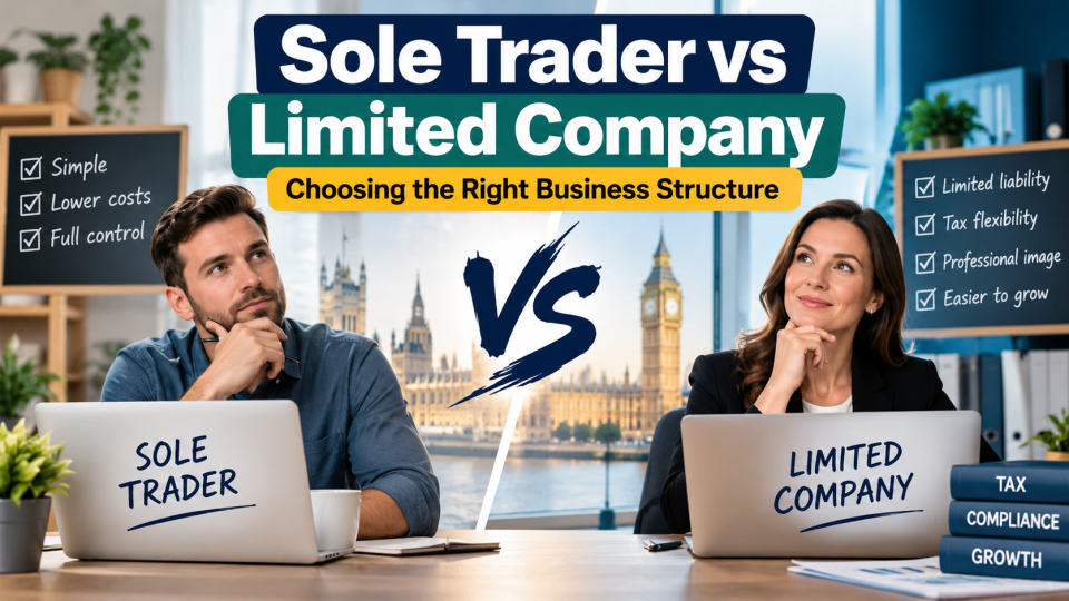 Sole Trader vs Limited Company comparison showing UK business owners evaluating tax benefits, liability, costs and business structures.