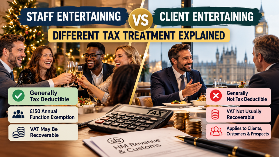 Staff entertaining vs client entertaining tax treatment in the UK, showing corporation tax deductions, VAT recovery and the £150 annual staff party exemption.